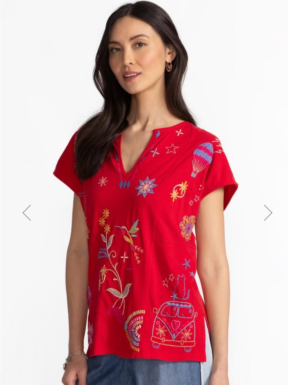 Johnny Was Red Embroidered V-Neck Short Sleeve Top